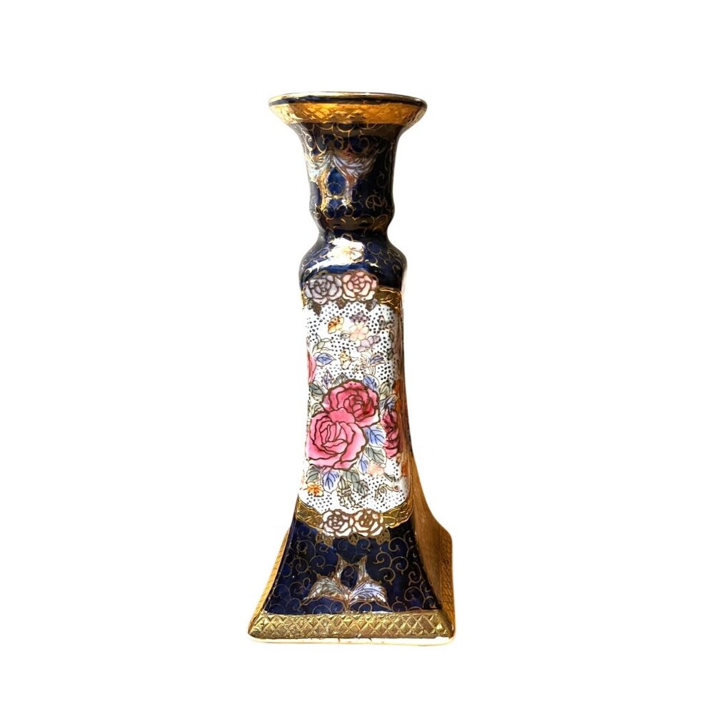 Vintage C&F Enterprises Floral Cloisonné-Style Taper Candle Holder